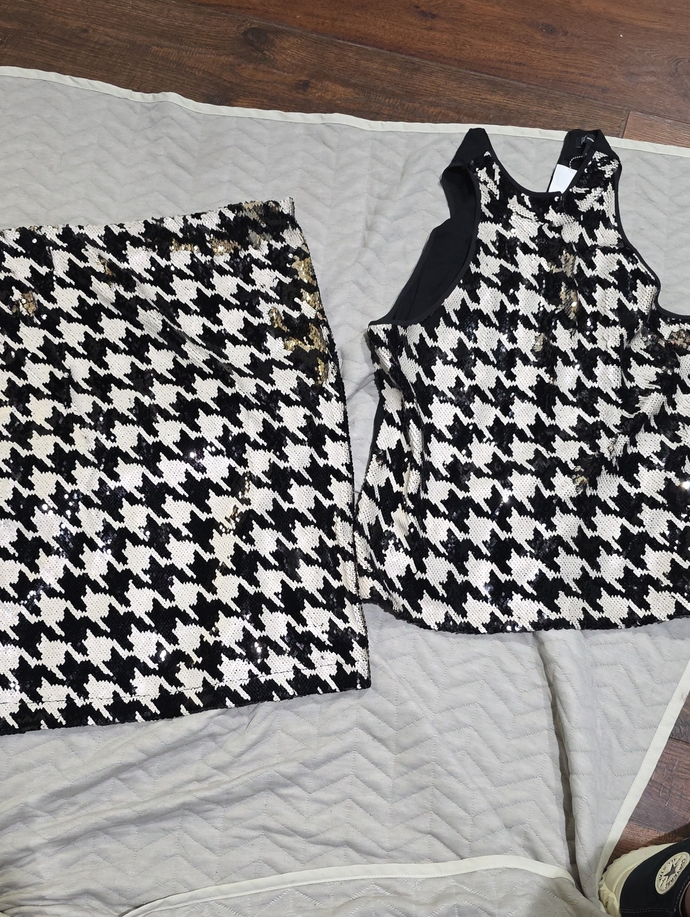 INC International Concepts Black and White Houndstooth Sequin Mini Skirt